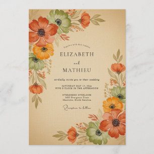 Invitation Mariage Floral Automnal Orange Brûlé