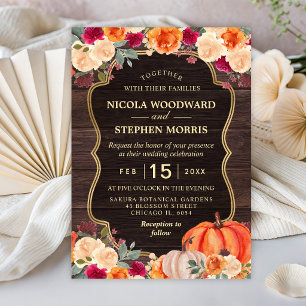 Invitation Mariage floral automnal rustique orange citrouille