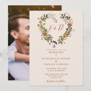 Invitation Mariage Floral Automnal Rustique Photo de Coeur