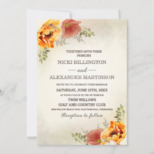 Invitation Mariage Floral Automnal Végétal Orange Brûlé