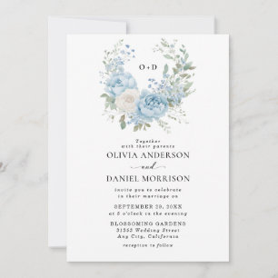 Invitation Mariage Floral aux Pivoines Bleu Poussière et Blan