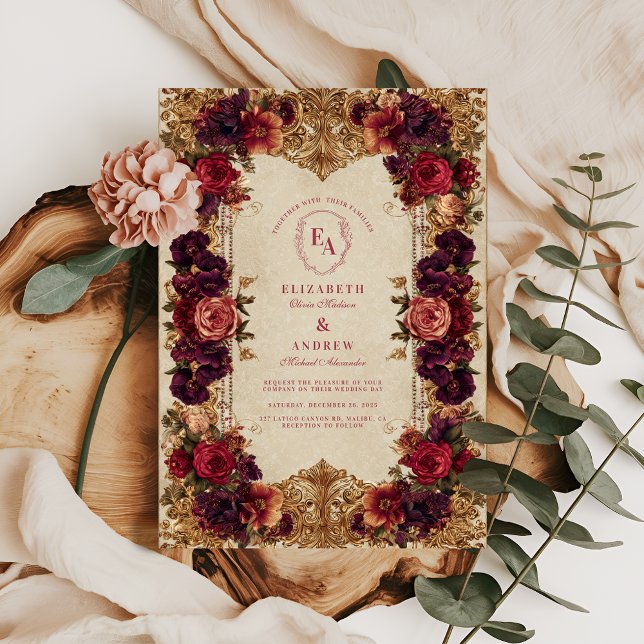 Invitation Mariage floral baroque de Bourgogne et d'or (Créateur téléchargé)