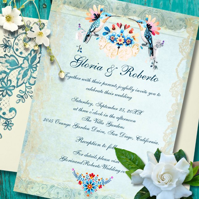 Invitation Mariage Floral Baroque Mexicain (Romantic Mexican Baroque Hummingbird Floral wedding invitation with aqua background.)