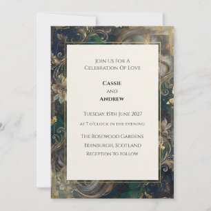Invitation Mariage Floral Baroque Or Émeraude Sarcelle