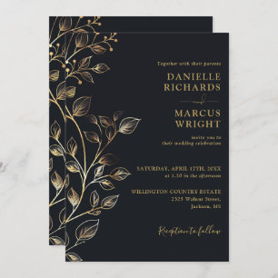 Invitation Mariage Floral Black Gold moderne