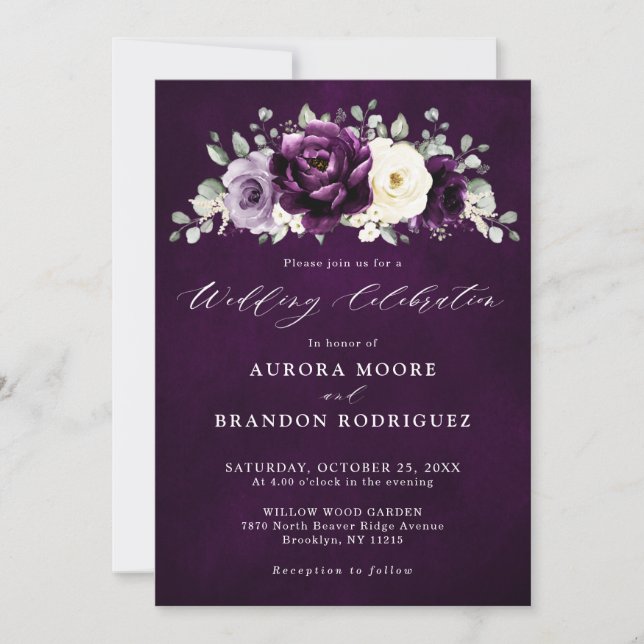 Invitation Mariage Floral blanc blanc blanc de prune d'auberg (Devant)