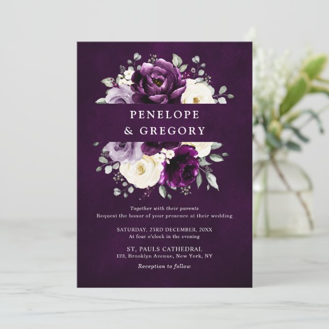 Invitation Mariage Floral blanc blanc blanc de prune d'auberg (Debout devant)