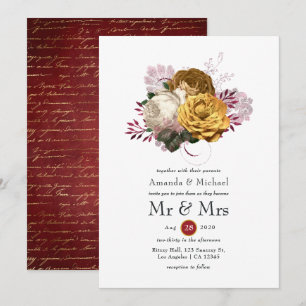 Invitation Mariage floral blanc, Bourgogne et or