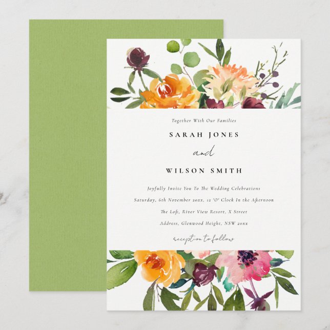 INVITATION MARIAGE FLORAL BLANC CLAIR JAUNE ORANGE (Devant / Derrière)