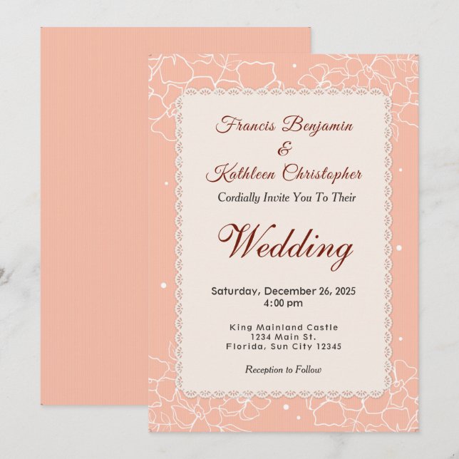 Invitation Mariage floral blanc de corail moderne (Devant / Derrière)