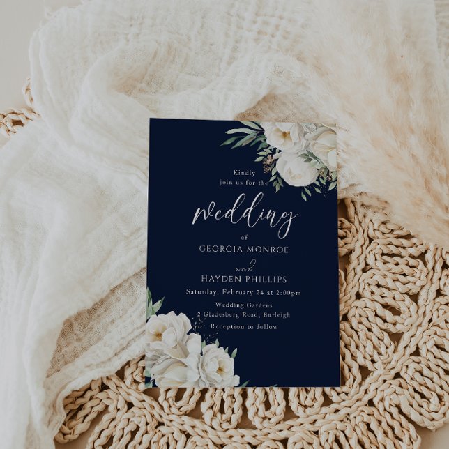 Invitation Mariage floral blanc et marine de minuit (Créateur téléchargé)