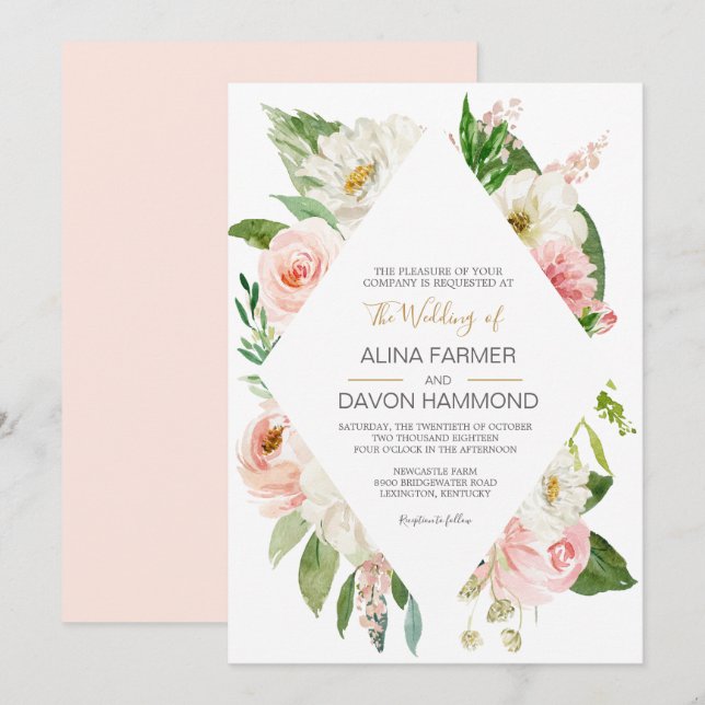 Invitation Mariage floral blanc et rose pâle Rose (Devant / Derrière)