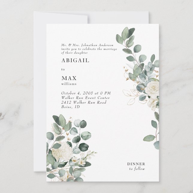 Invitation Mariage floral blanc Hydrangea Eucalyptus blanc (Devant)
