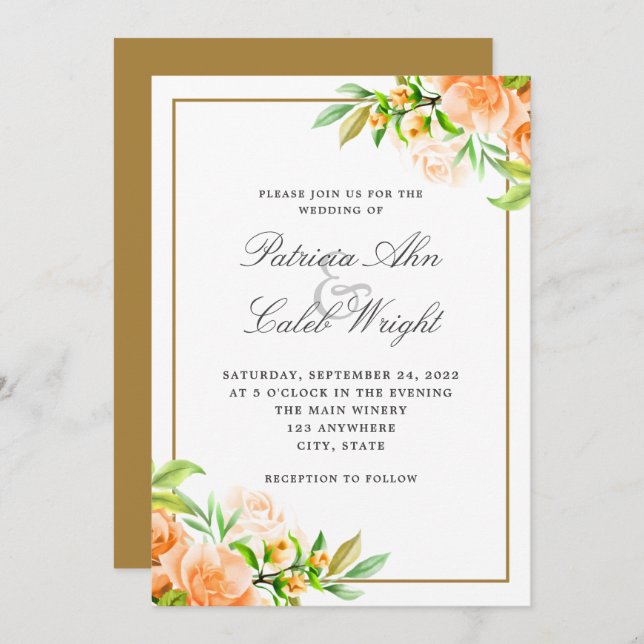 Invitation Mariage floral blanc orange rose or moderne (Devant / Derrière)