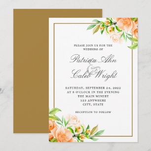 Invitation Mariage floral blanc orange rose or moderne