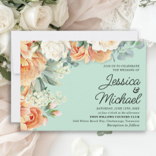 Invitation Mariage Floral Blanc Pêche Menthe