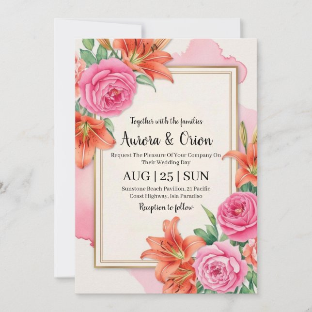 Invitation mariage floral blanc rose et orange (Devant)