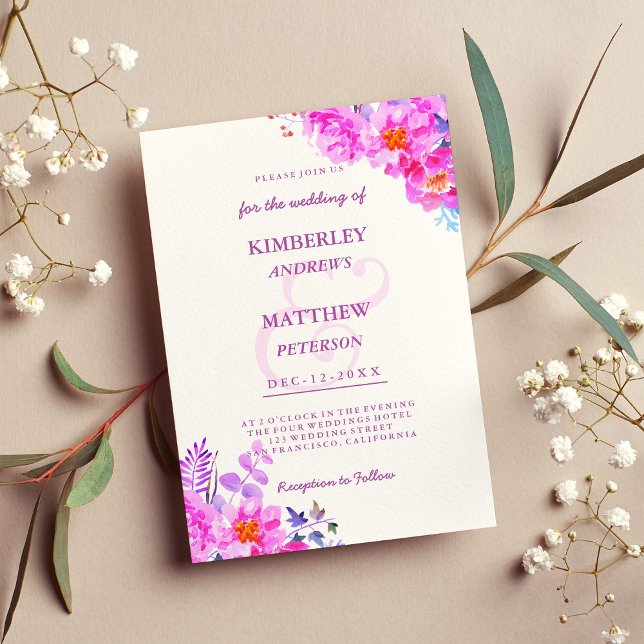 Invitation Mariage floral blanc rose vif lilas (White bright pink lilac watercolor floral Wedding )