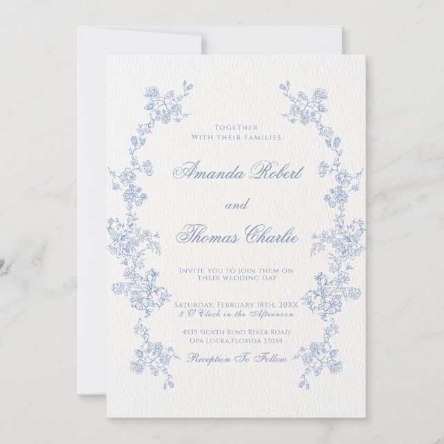Invitation Mariage Floral bleu (Devant)
