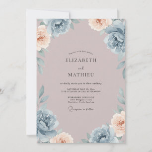 Invitation Mariage Floral Bleu Acier Mauve