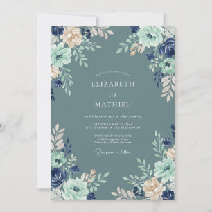 Invitation Mariage Floral Bleu Acier Menthe