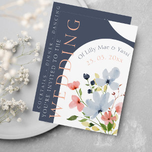 Invitation Mariage floral bleu arc simple et rose