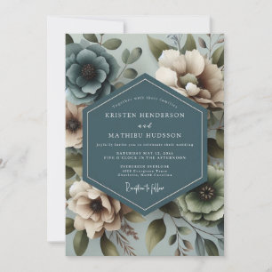 Invitation Mariage Floral Bleu Ardoise Assourdi