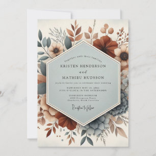 Invitation Mariage Floral Bleu Ardoise et Orange Brûlée