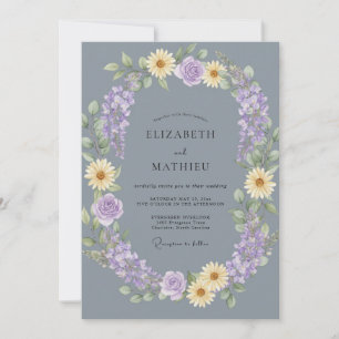Invitation Mariage Floral Bleu Ardoise Jaune Pâle