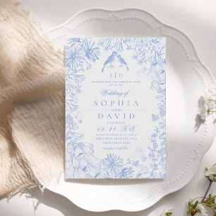 Invitation Mariage Floral Bleu Blanc Classique Français
