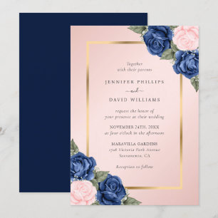 Invitation Mariage floral bleu bleu bleu marine moderne rose