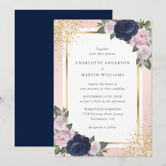 Invitation Mariage floral bleu bleu bleu rose marine (Devant / Derrière)