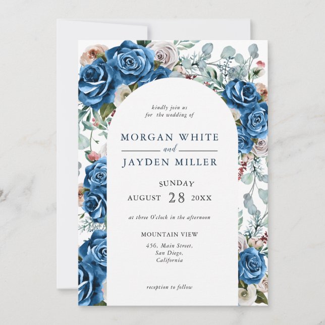 Invitation Mariage floral bleu bleu bleu rose roux (Devant)
