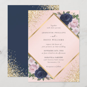 Invitation Mariage floral bleu bleu marine rouge géométrique 