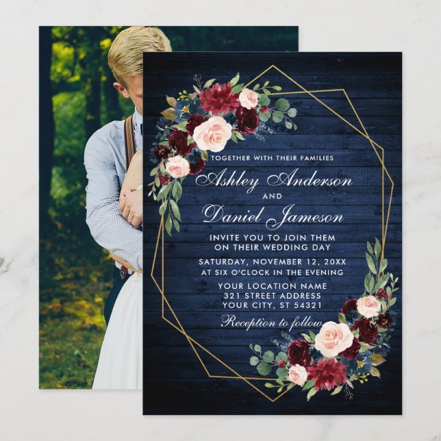 Invitation Mariage Floral Bleu Bois Photo Retour Or Géométriq (Devant / Derrière)