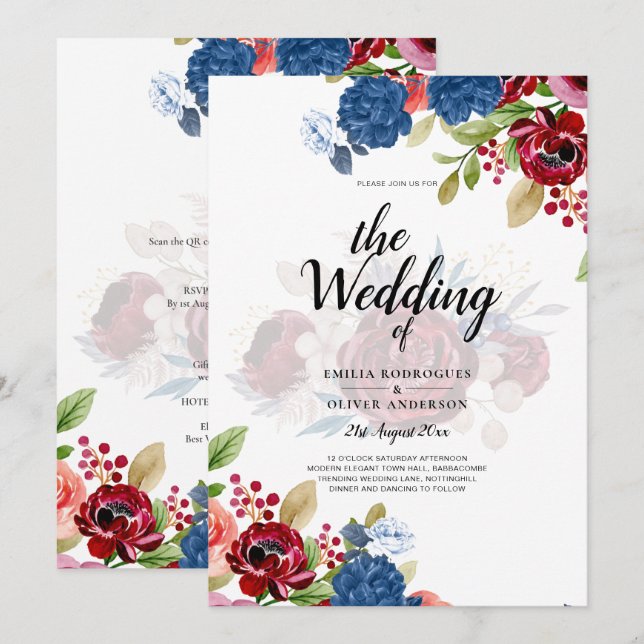 Invitation Mariage Floral bleu Bourgogne rustique (Devant / Derrière)
