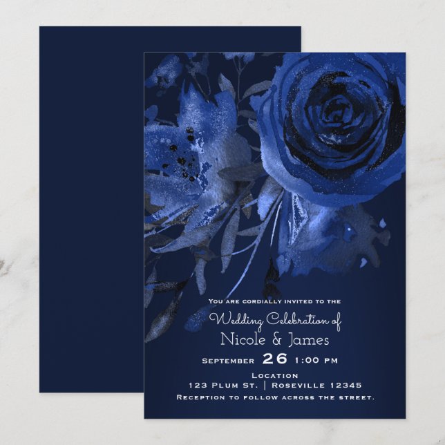 Invitation Mariage Floral Bleu Chic Hiver Rose Gras (Devant / Derrière)