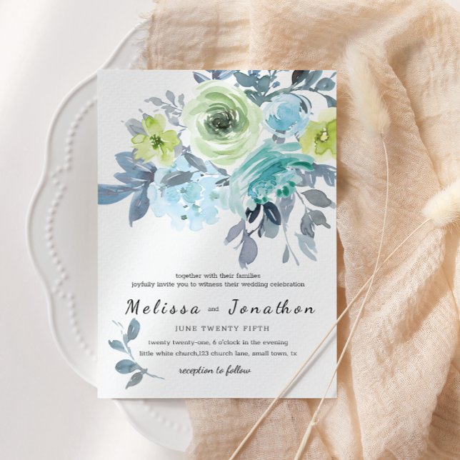 Invitation Mariage floral bleu clair jaune vert (Créateur téléchargé)