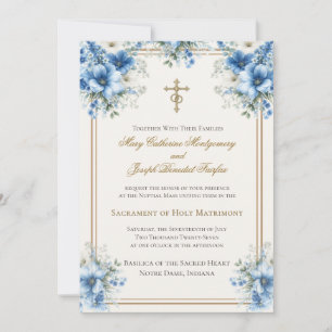 Invitation Mariage Floral Bleu Classique Catholique