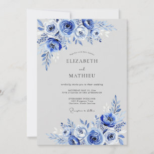 Invitation Mariage Floral Bleu Cobalt Fantaisie