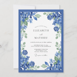 Invitation Mariage Floral Bleu de Cobalt