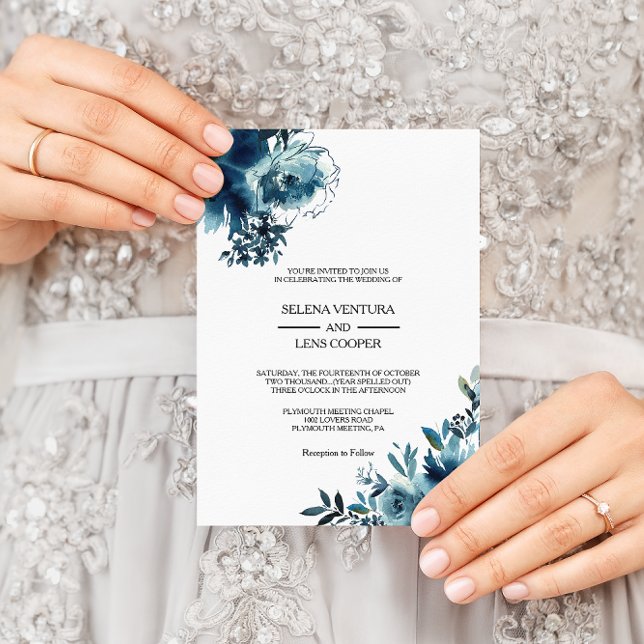 Invitation Mariage floral bleu de la marine céleste (Créateur téléchargé)