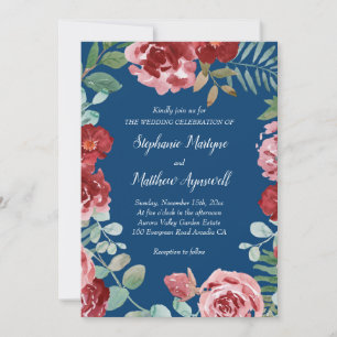 Invitation Mariage floral bleu de la marine de Bourgogne