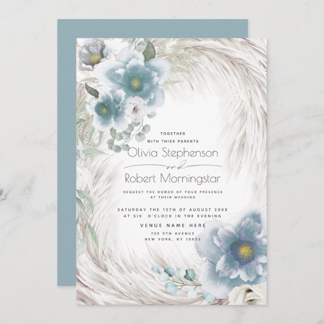 Invitation Mariage | Floral bleu Dusty (Devant / Derrière)