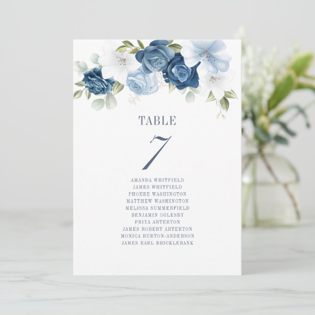 Invitation Mariage floral bleu Dusty Tableau Numéro 7 Siège (Debout devant)