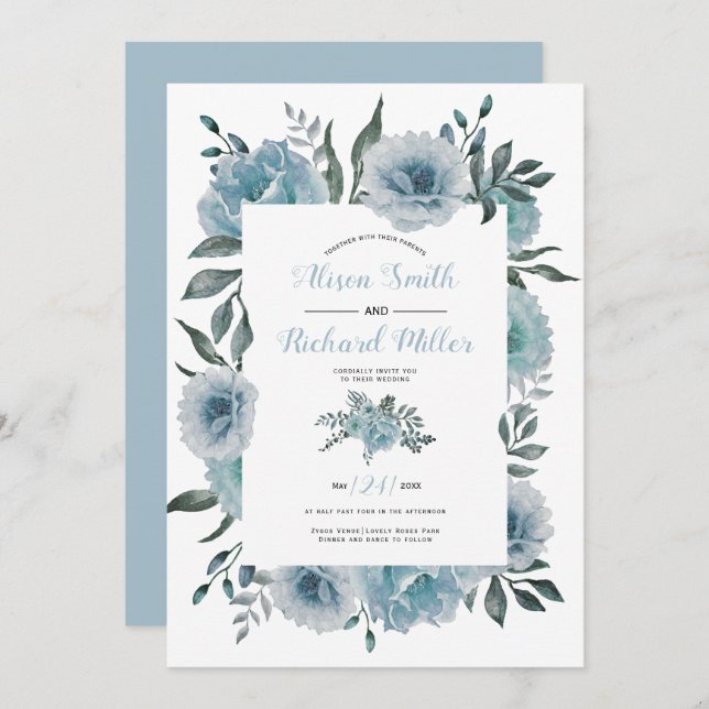 Invitation Mariage floral bleu-duvet (Devant / Derrière)