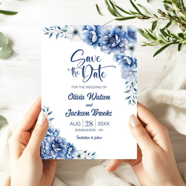 Invitation Mariage Floral Bleu Enregistrer la date (Créateur téléchargé)