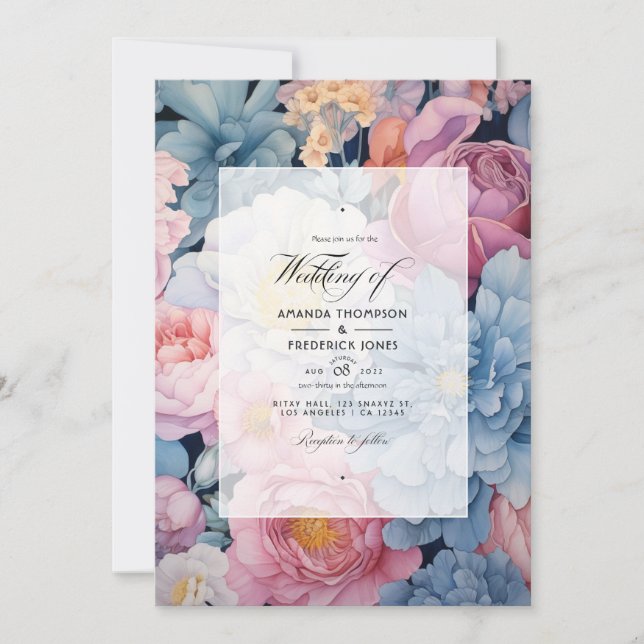Invitation Mariage floral bleu et blanc (Devant)