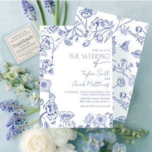 Invitation Mariage Floral Bleu et Blanc Calligraphie Vintage