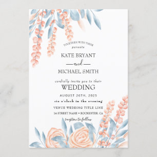 Invitation Mariage floral bleu et blanc Dusty